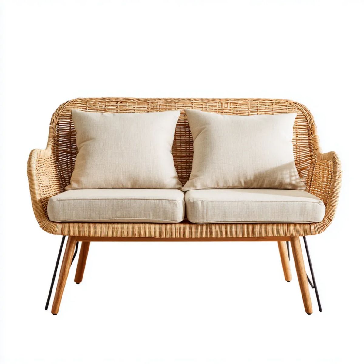 Dwuosobowa sofa ogrodowa z naturalnego rattanu, beżowa, 120 × 65 × 85 cm