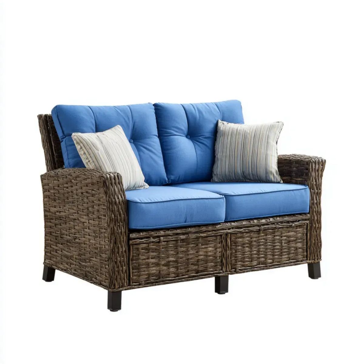 Dwuosobowa sofa ogrodowa z technorattanu PE i stalową ramą, brązowo-niebieska, 140 x 80 x 88 cm