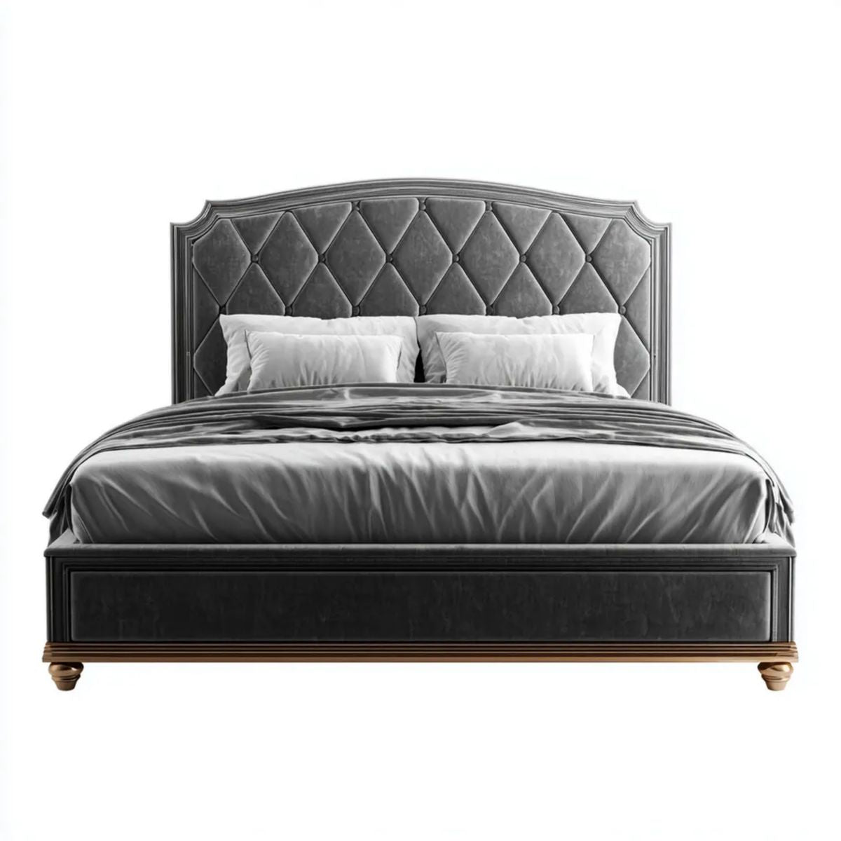 Łóżko podwójne tapicerowane grafitowo-złote z poliestru i MDF, 160 x 200 cm, 176 x 218 x 135 cm