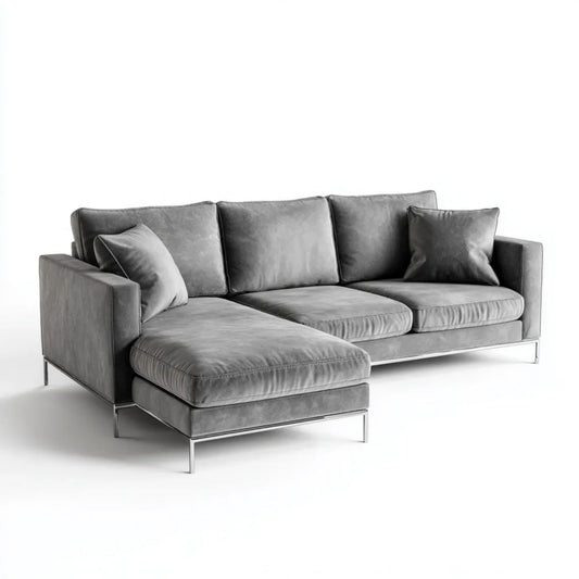 Szara sofa narożna z lewostronną leżanką z weluru 260 x 160 x 85 cm