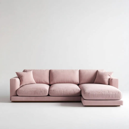 Prawostronna sofa narożna z szezlongiem, różowa, tapicerka poliestrowa, 280 × 160 × 85 cm