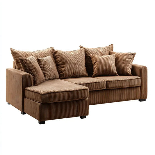 Brązowa sofa narożna ze szezlongiem lewostronnym, ze sztruksu poliestrowego, 250 x 160 x 85 cm