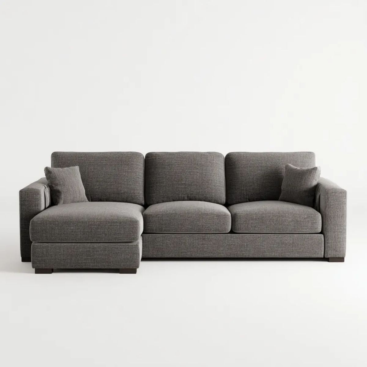 Szara sofa narożna z lewym szezlongiem, tapicerowana tkaniną poliestrową, 280 × 160 × 85 cm
