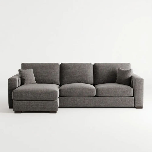 Szara sofa narożna z lewym szezlongiem, tapicerowana tkaniną poliestrową, 280 × 160 × 85 cm