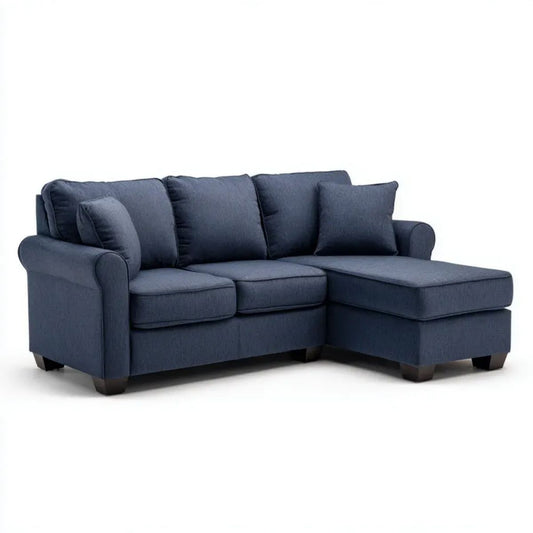 Trzyosobowa sofa narożna z prawostronnym szezlongiem, granatowa, tapicerka poliestrowa, 220 x 150 x 90 cm