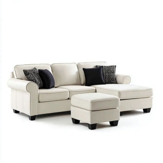 Kremowa sofa narożna ze skóry syntetycznej z prawostronnym szezlongiem i pufą 275 × 165 × 86 cm