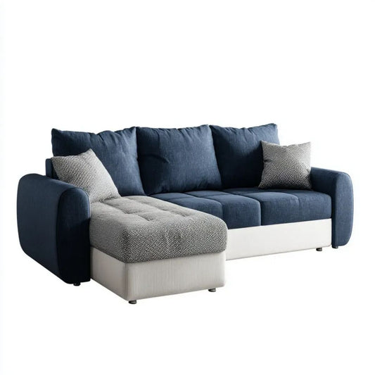 Tapicerowana sofa narożna w kształcie L z lewostronną leżanką, granatowo-szaro-jasnoszara, 260 x 160 x 88 cm