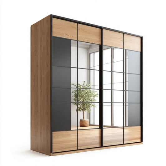 Szafa przesuwna z lustrem, dąb naturalny i czarny, z płyty wiórowej laminowanej i szkła, 250 x 62 x 215 cm