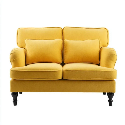 Żółta sofa dwuosobowa z tapicerką poliestrową 150 × 86 × 92 cm, czarne drewniane nóżki
