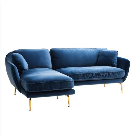 Granatowa sofa narożna z lewostronnym szezlongiem z weluru, 260 x 160 x 85 cm