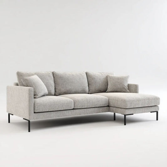 Prawostronna sofa narożna jasnoszara z tapicerką poliestrową i czarnymi metalowymi nogami, 250 x 160 x 85 cm
