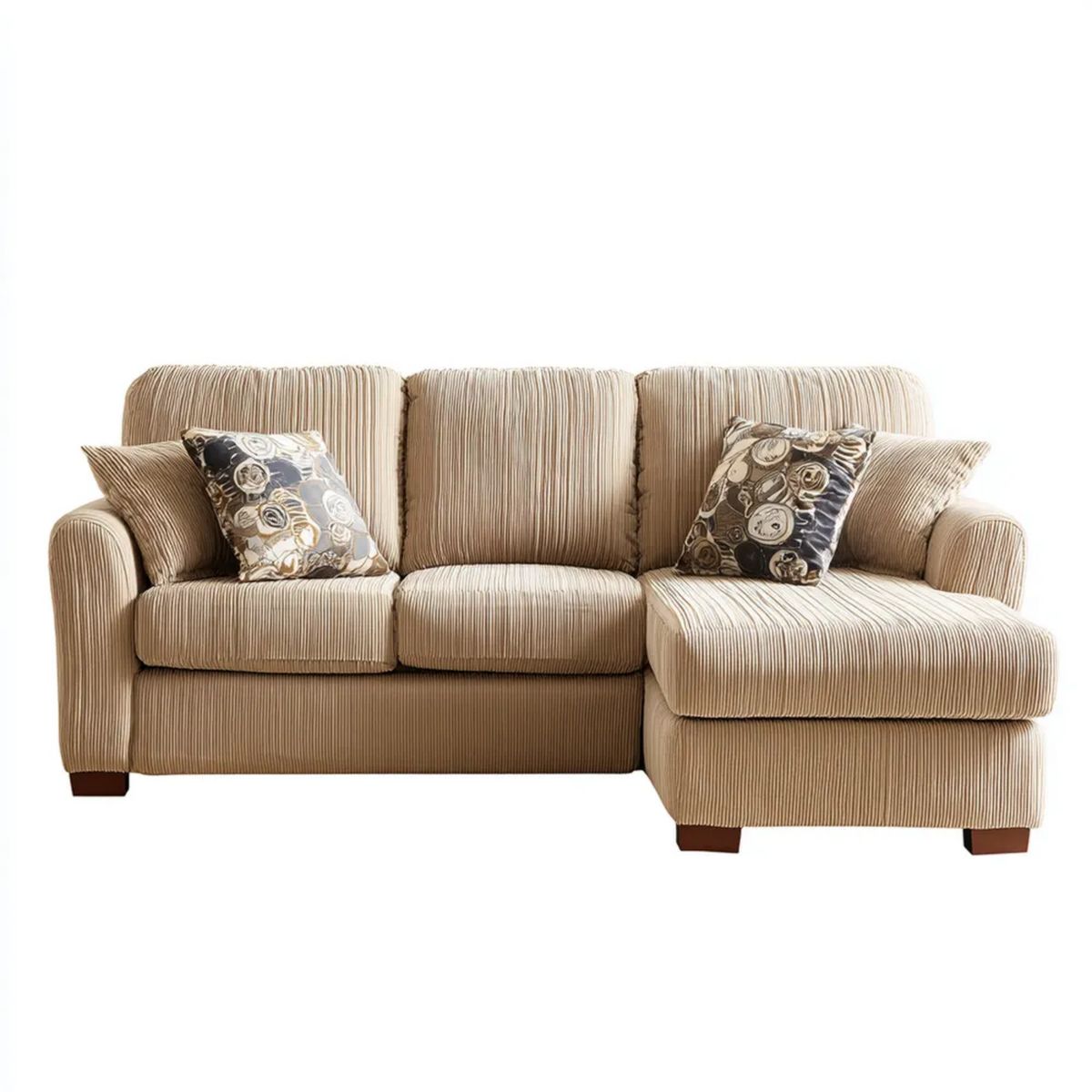 Beżowa sofa narożna z szezlongiem po prawej ze sztruksu, 230 × 150 × 90 cm