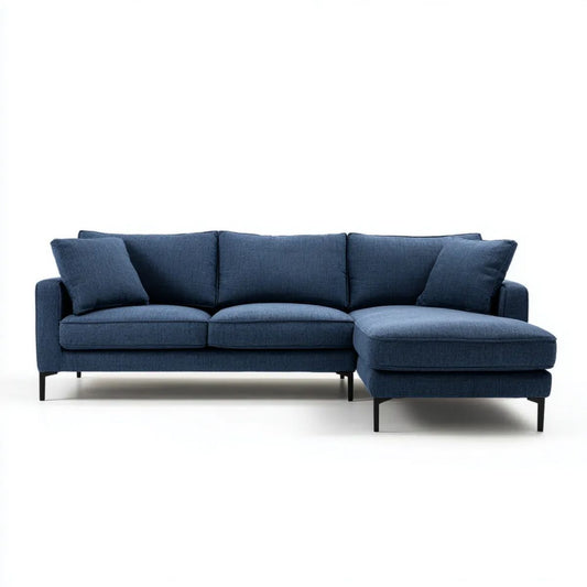 Granatowa sofa narożna z prawostronnym szezlongiem z tkaniny, 260 × 160 × 85 cm