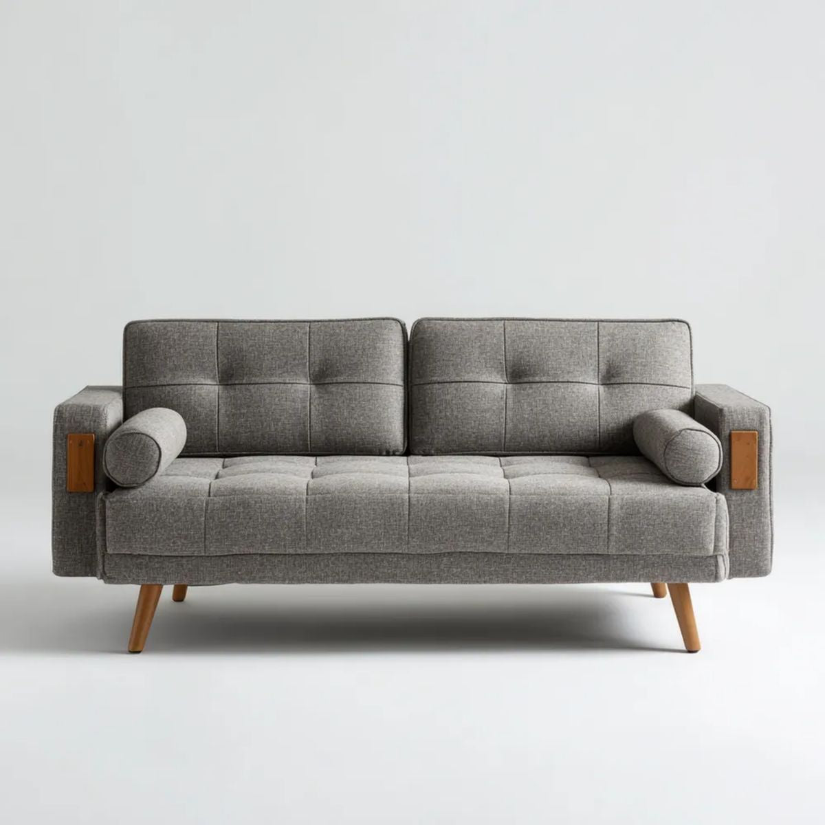 Trzyosobowa sofa szaro-brązowa z tapicerką poliestrową i drewnianymi nogami, 210 × 83 × 85 cm