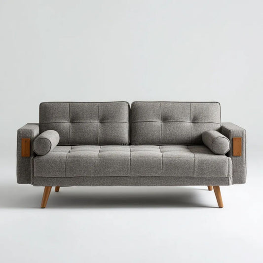 Trzyosobowa sofa szaro-brązowa z tapicerką poliestrową i drewnianymi nogami, 210 × 83 × 85 cm