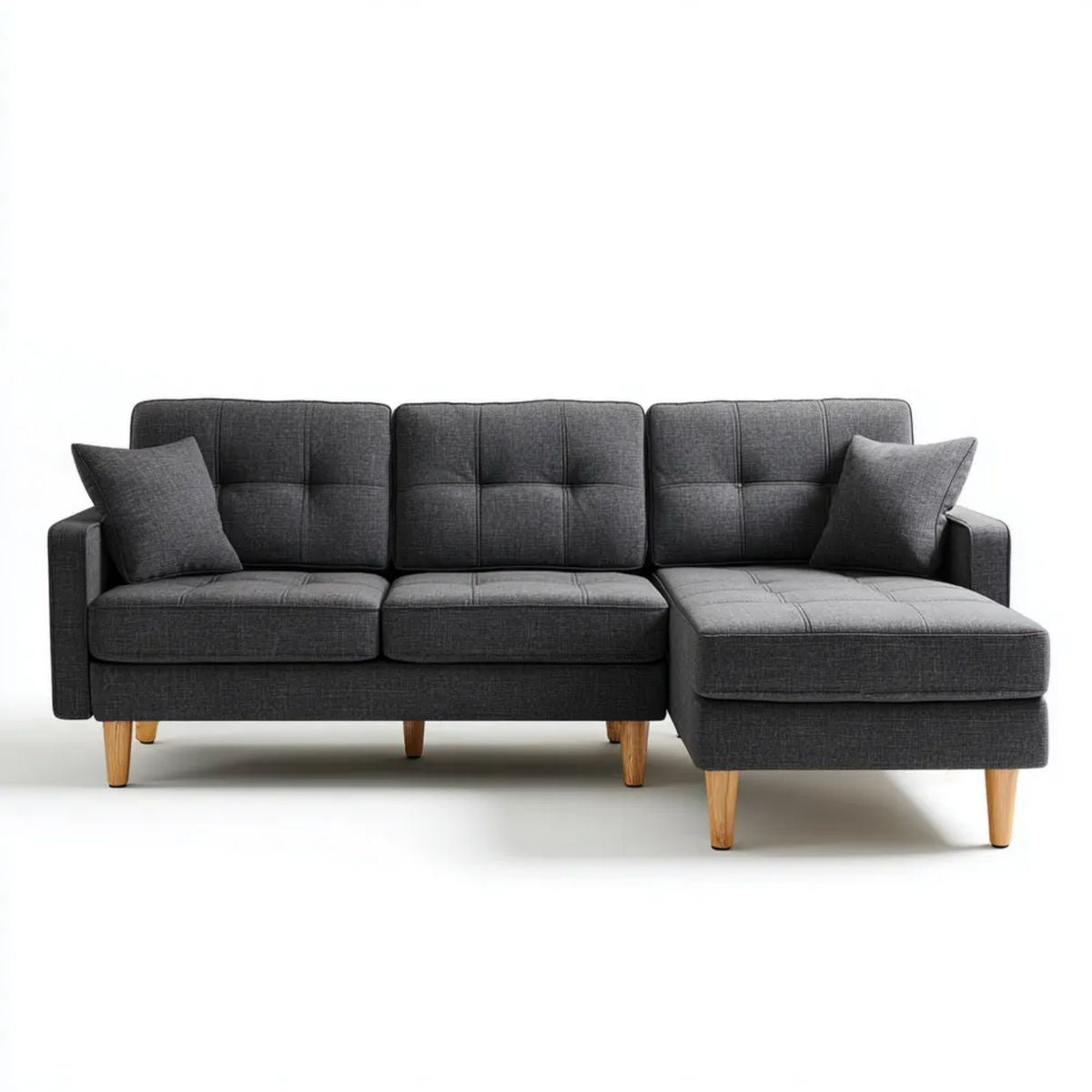 Grafitowa sofa narożna z prawostronnym szezlongiem, tapicerka poliestrowa, 230 × 150 × 85 cm