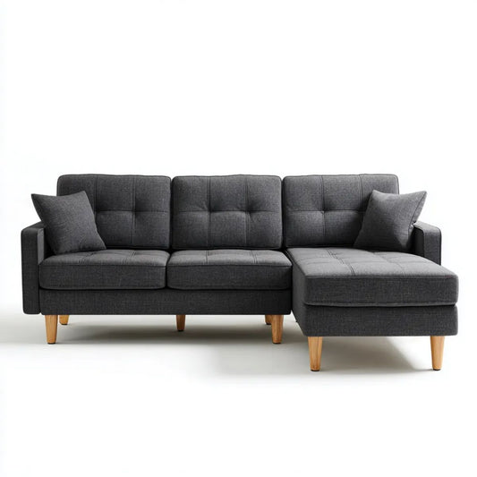 Grafitowa sofa narożna z prawostronnym szezlongiem, tapicerka poliestrowa, 230 × 150 × 85 cm