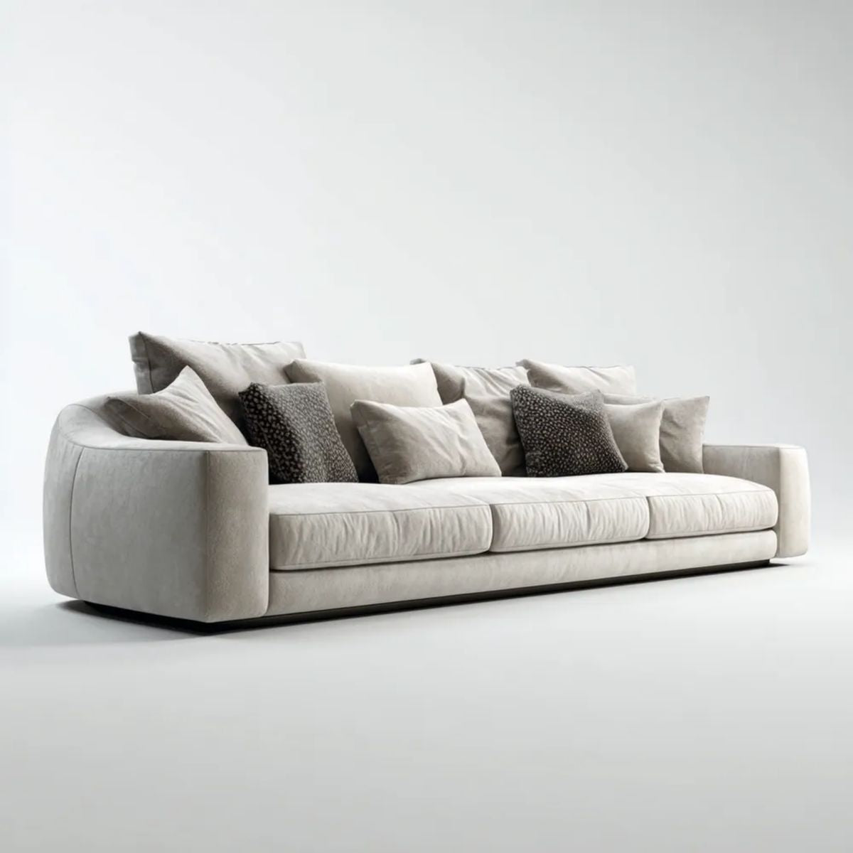 Trzyosobowa sofa jasnoszara z tapicerką poliestrową 240 x 100 x 78 cm, zaokrąglone podłokietniki