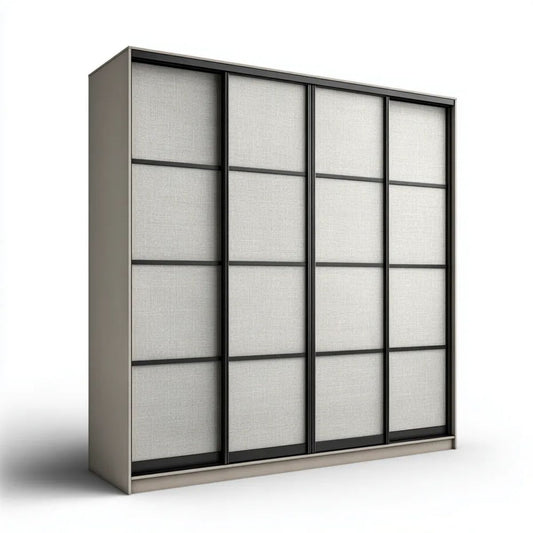 Szafa przesuwna 4-drzwiowa z płyty wiórowej laminowanej, szara z czarnymi profilami, 200 x 60 x 220 cm