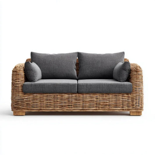 Dwuosobowa sofa ogrodowa z rattanu brązowa z grafitowymi poduszkami, 150 x 80 x 80 cm