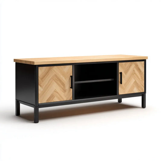 Prostokątna szafka RTV czarno-dębowa z płyty MDF, forniru dębowego i stali, 140 × 40 × 60 cm