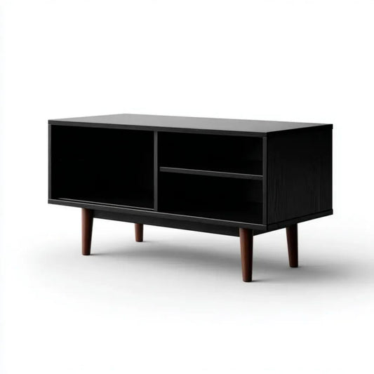 Czarna szafka RTV z płyty MDF 120 × 40 × 60 cm na drewnianych nogach